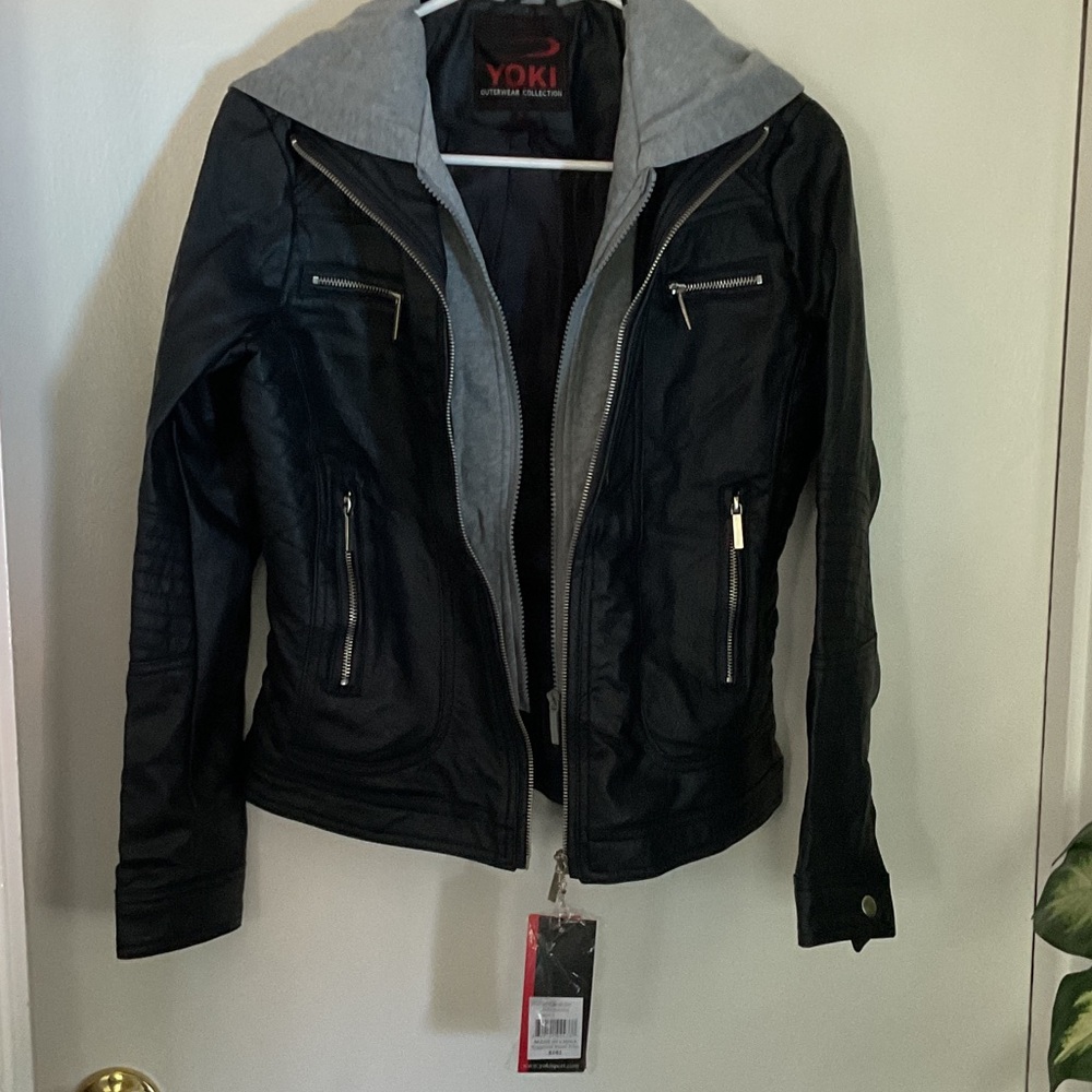 Yoki Black Leather Jacket with Gray Hood